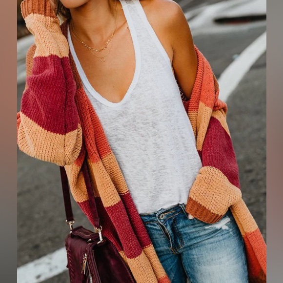 Autumn Colorblock boho Stripes Knit Open Front Cardigan Casual stripes - Picture 5 of 13